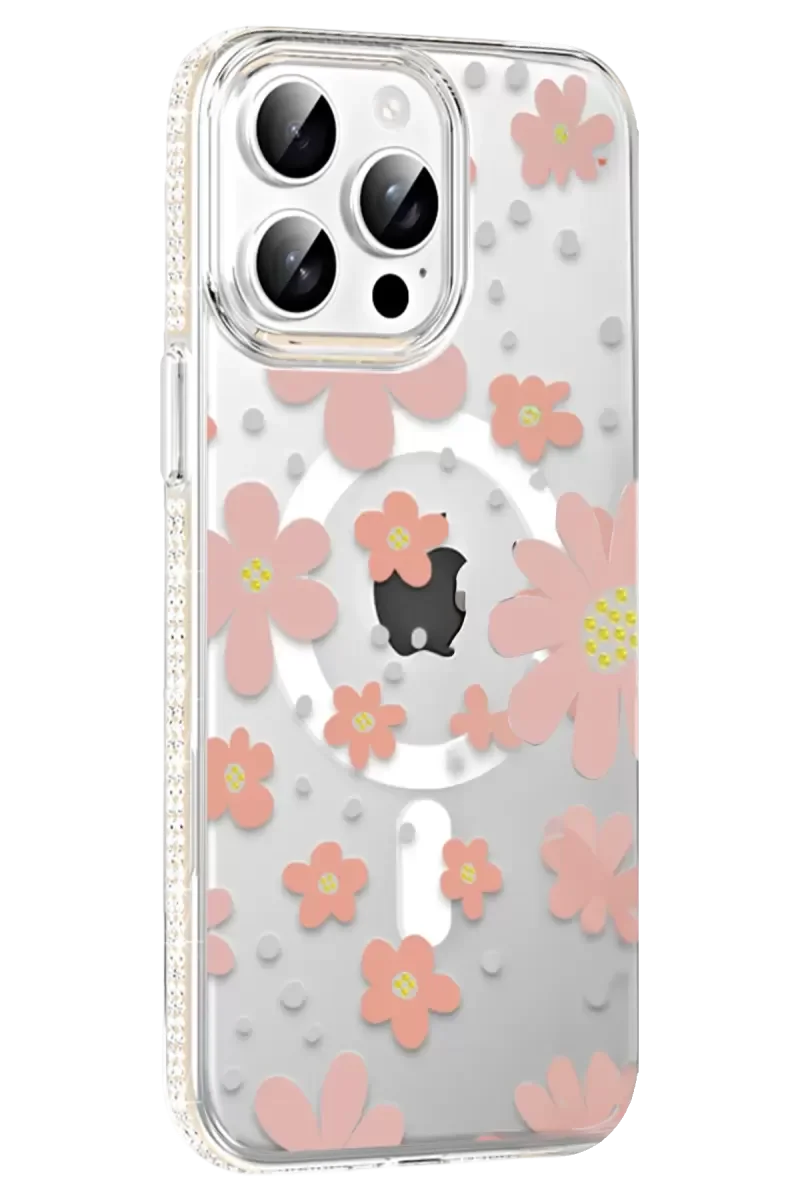 iPhone 15 Pro ile Uyumlu Floral Magsafe Kapak - Pembe Işıltılı Elmas Detaylı Darbe Korumalı Şeffaf Kılıf
