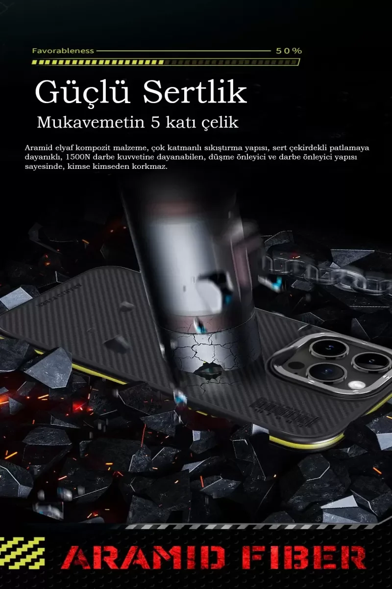iPhone 15 Pro ile Uyumlu Aramid 600D Kevlar Karbon Fiber MagSafe Kılıf - Sarı