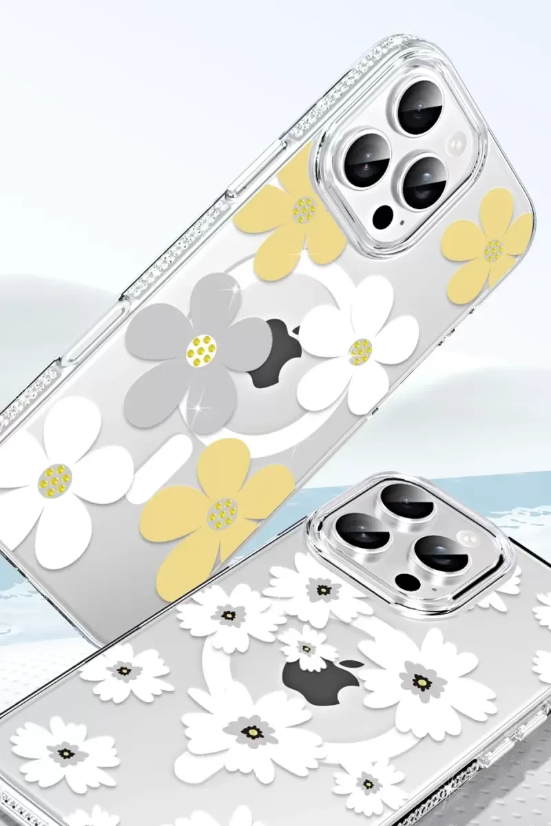 iPhone 15 Pro ile Uyumlu Floral Magsafe Kapak - Pembe Işıltılı Elmas Detaylı Darbe Korumalı Şeffaf Kılıf
