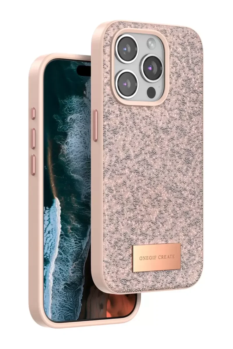 iPhone 15 Pro ile Uyumlu Bright Simli Kapak - Pembe Boncuk İşlemeli