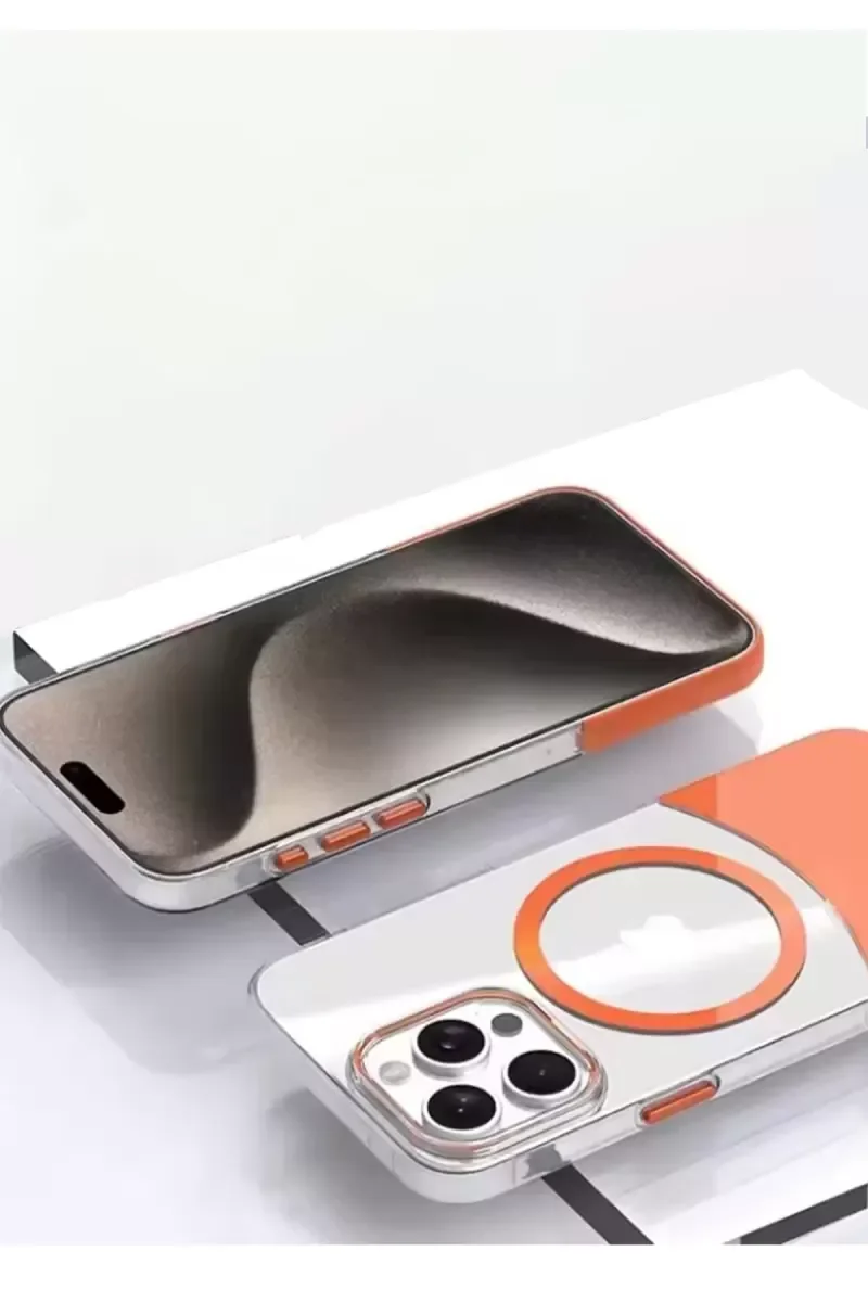 iPhone 15 Pro ile Uyumlu PC Suit Magsafe Kapak - Turuncu, İnce Koruma & Kablosuz Şarj Desteği
