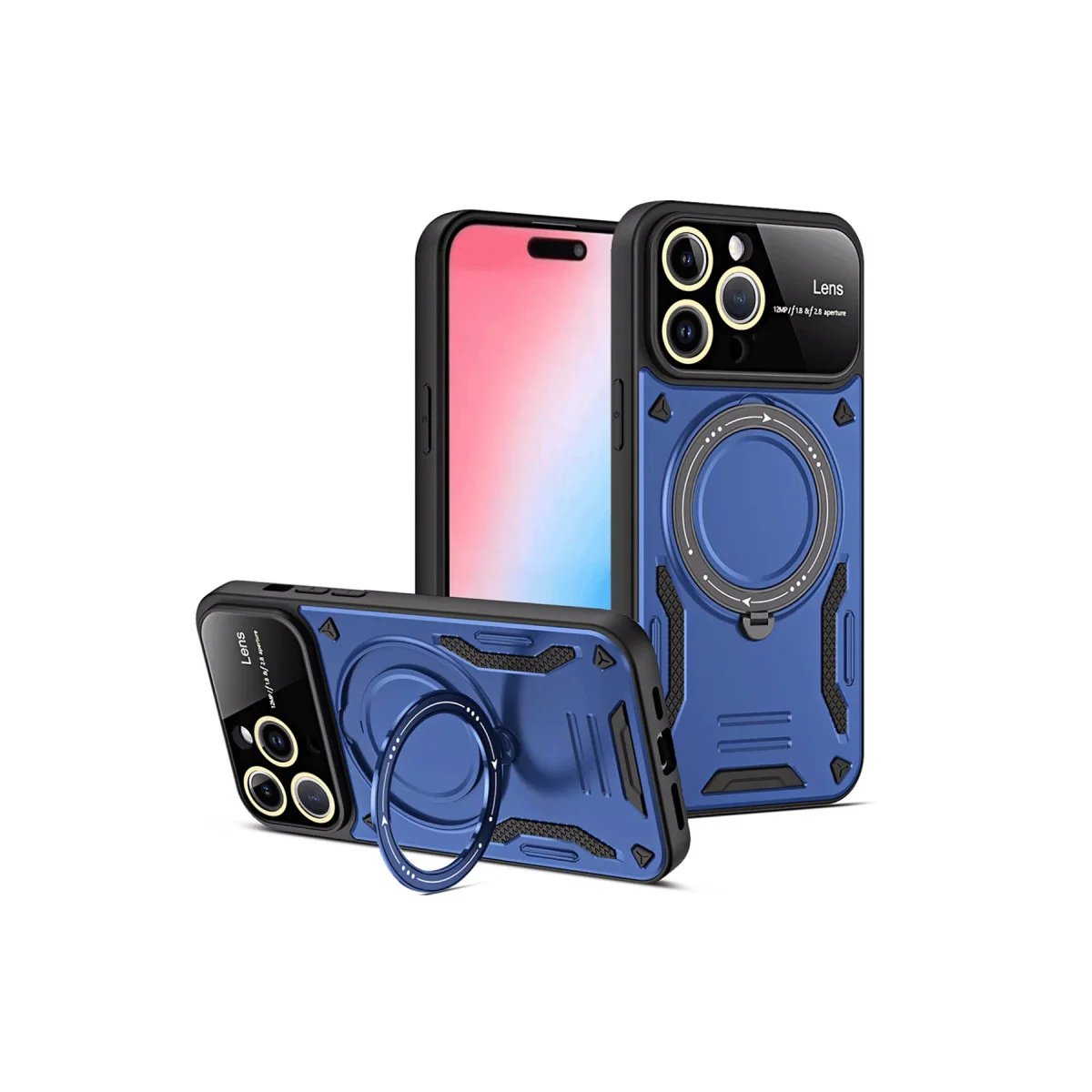 iPhone 15 Pro Joy Lens Standlı Kapak - 360 Döner Parmak Halkası ve Askeri Darbe Koruması