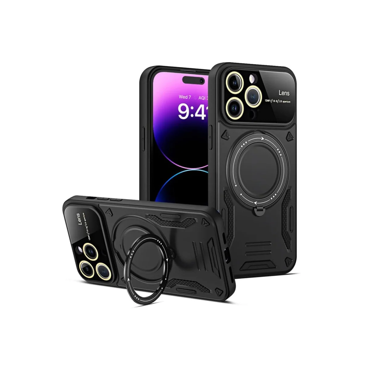 iPhone 15 Pro Kılıf Joy Lens Standlı Siyah - 360° Döner Parmak Halkası ve 180° Katlanabilir Stand