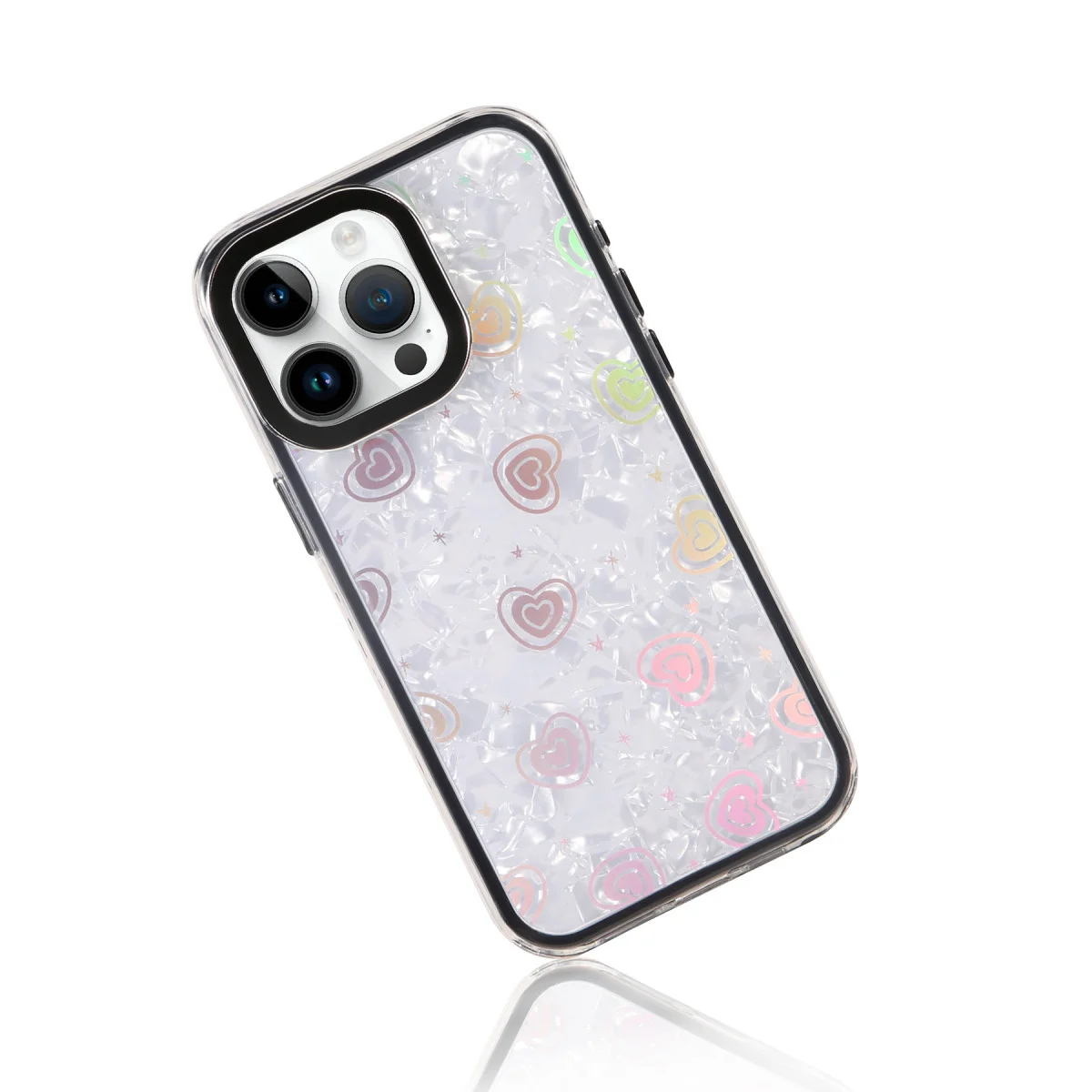 iPhone 15 Pro Lumi Desenli Kapak - Siyah, Kristal Şeffaf ve Kalp Deseni