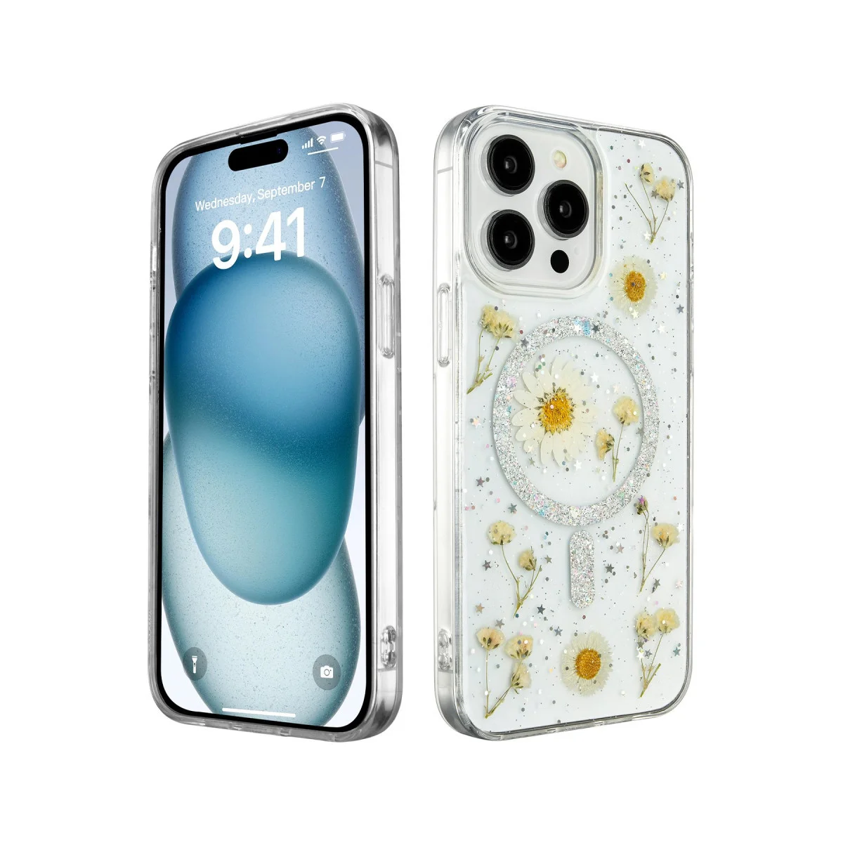 iPhone 15 Pro Max Daisy Simli Magsafe Kapak - Gümüş Doğadan İlham