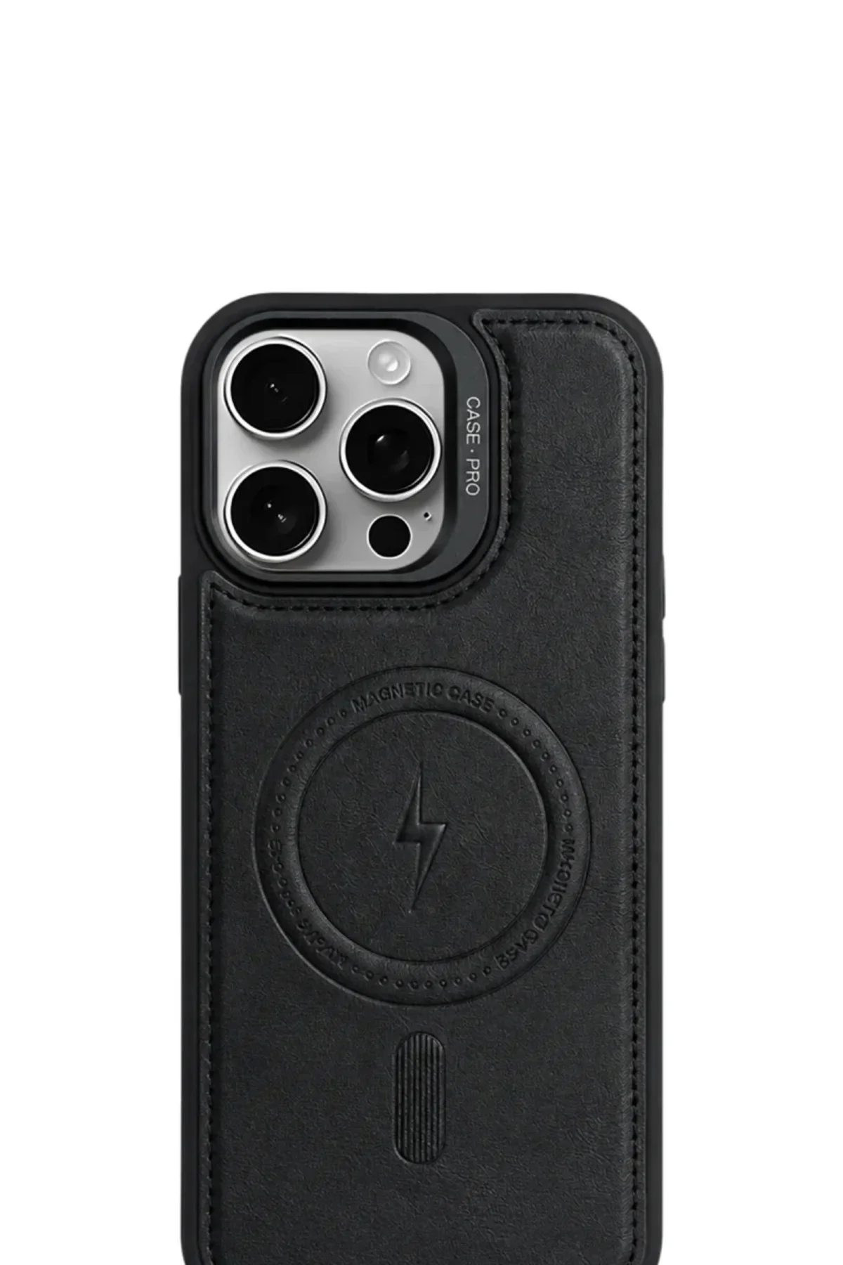 iPhone 15 Pro Max GripStand MagSafe Deri Kılıf Siyah