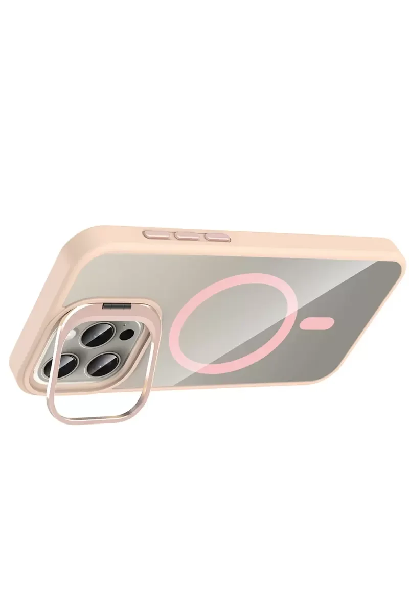 iPhone 15 Pro Max ile Uyumlu Remim Lensli Magsafe Standlı Kapak - Pembe