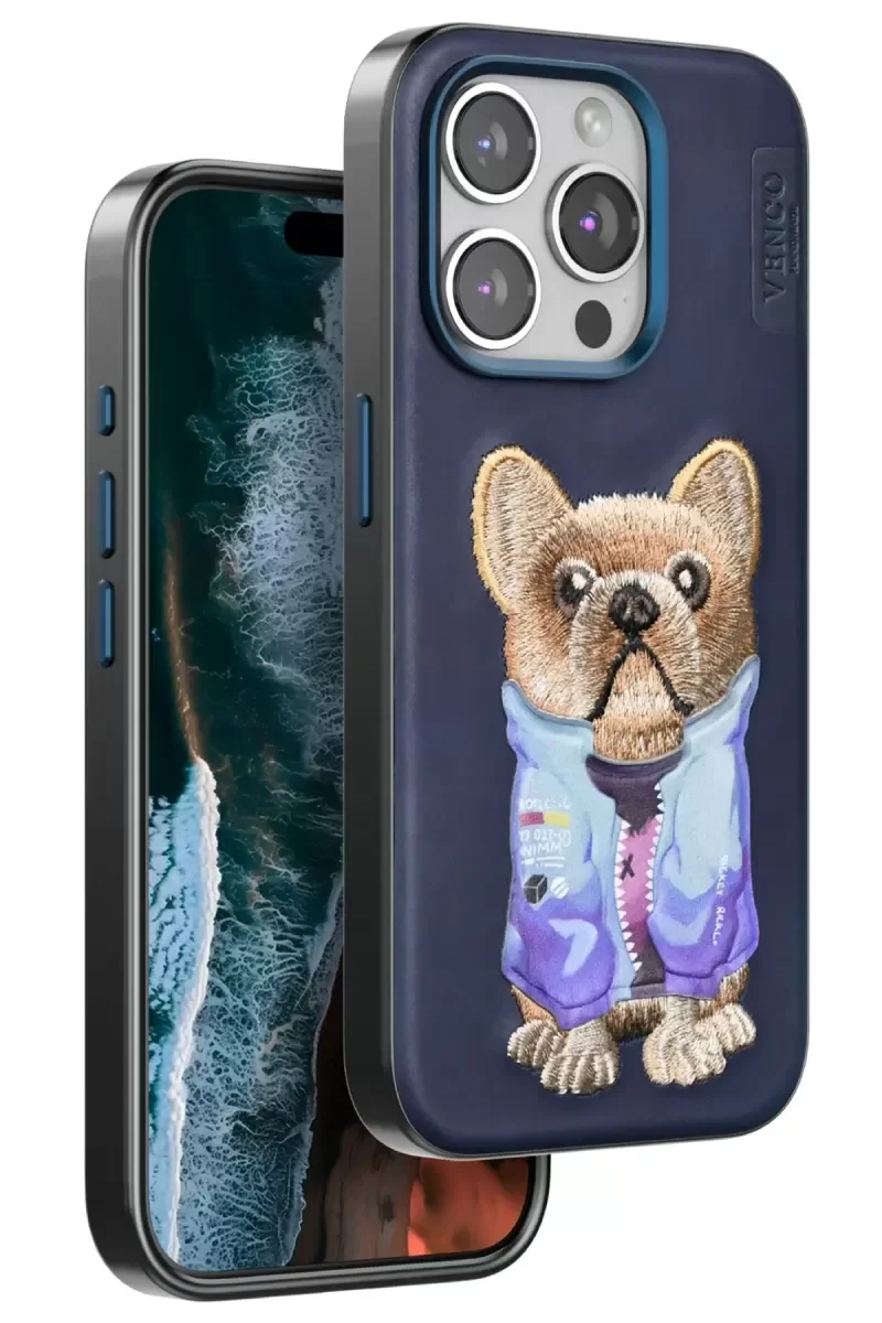 iPhone 15 Pro Max ile Uyumlu Sevimli Köpek Desenli Kılıf - Lacivert Darbe Korumalı