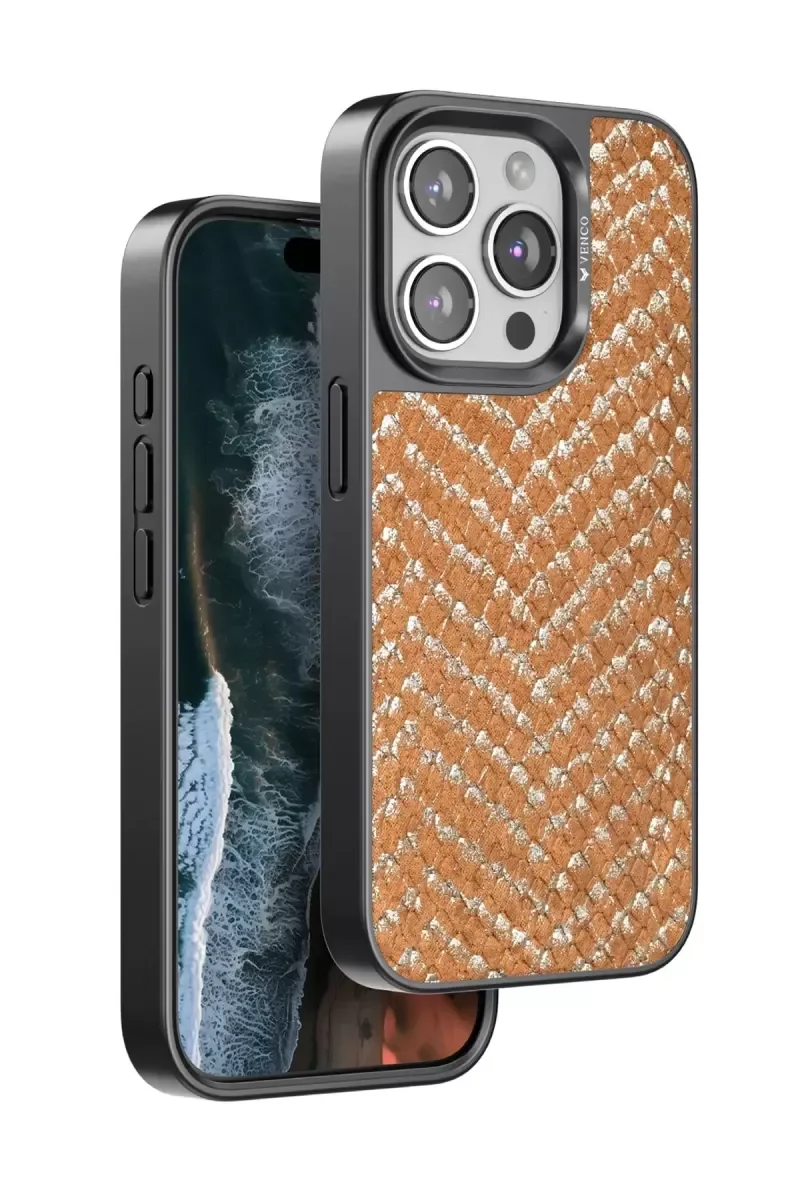 iPhone 15 Pro Max ile Uyumlu Viper Kapak - Kahverengi Yılan Derisi Desenli Lüks Telefon Kılıfı