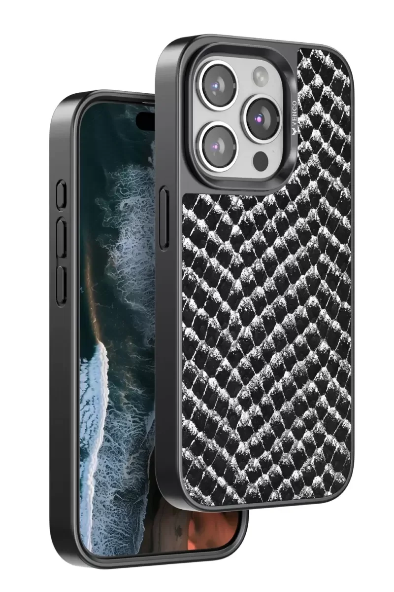 iPhone 15 Pro Max ile Uyumlu Viper Kapak - Yılan Derisi Desenli Siyah Premium Telefon Kılıfı