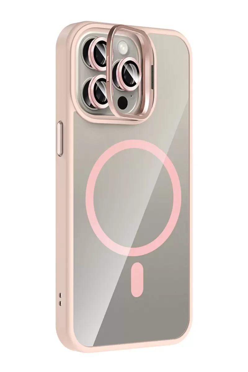 iPhone 15 Pro Max ile Uyumlu Remim Lensli Magsafe Standlı Kapak - Pembe