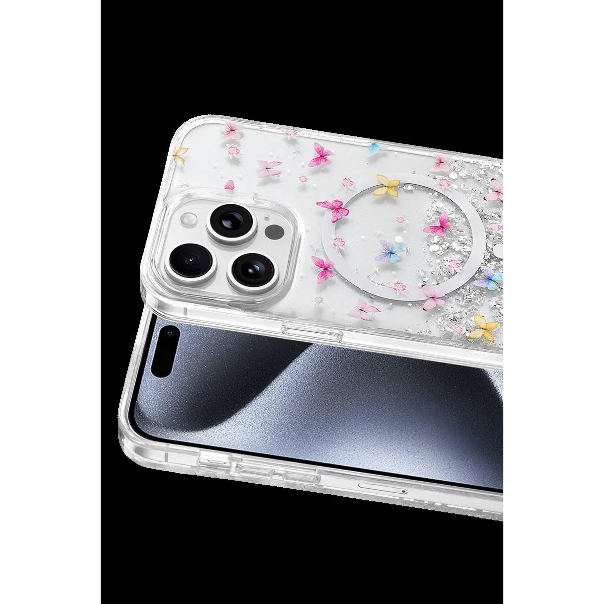 iPhone 15 Pro Max ile Uyumlu Misk Simli Şeffaf Kılıf - MagSafe Desteği