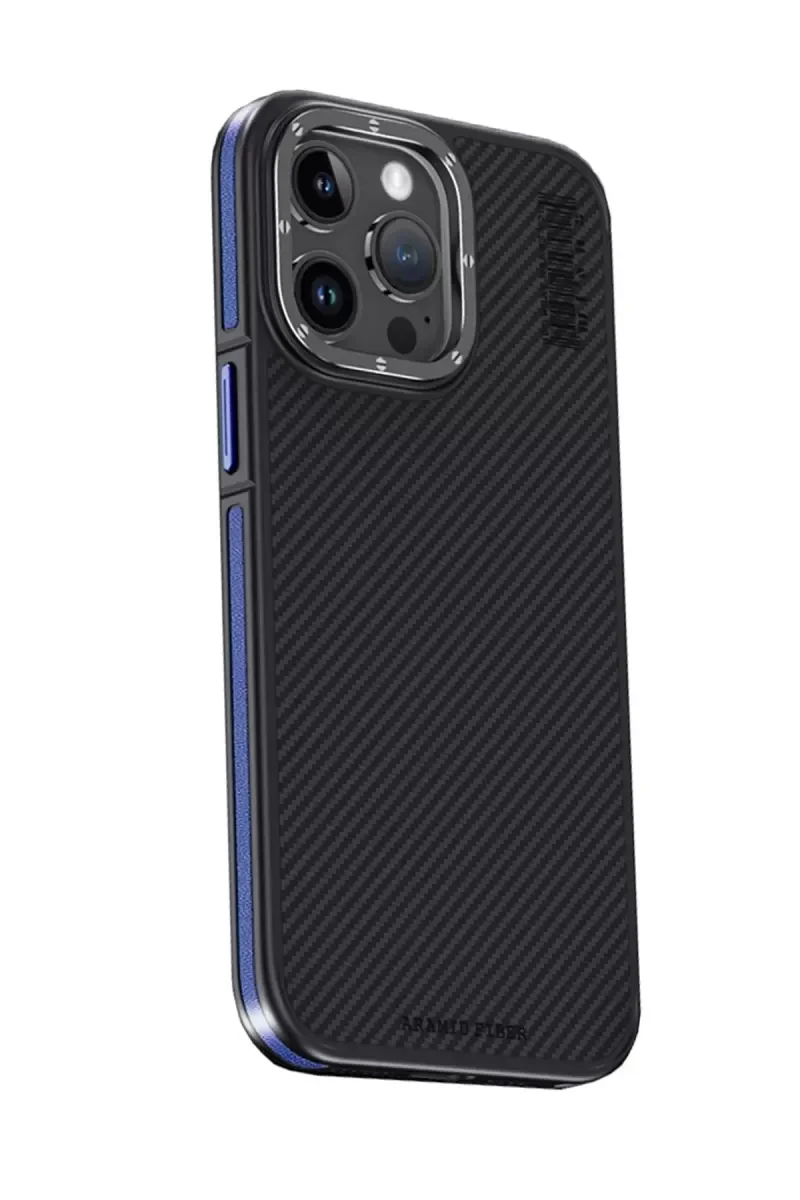 iPhone 15 Pro Max ile Uyumlu Aramid 600D Kevlar Karbon Fiber MagSafe Kılıf - Lacivert