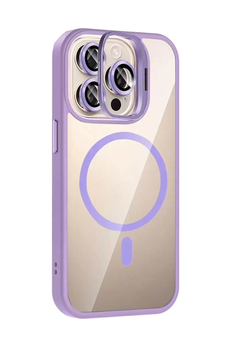 iPhone 15 Pro Max ile Uyumlu Remim Lensli Magsafe Standlı Kapak - Lila Şeffaf