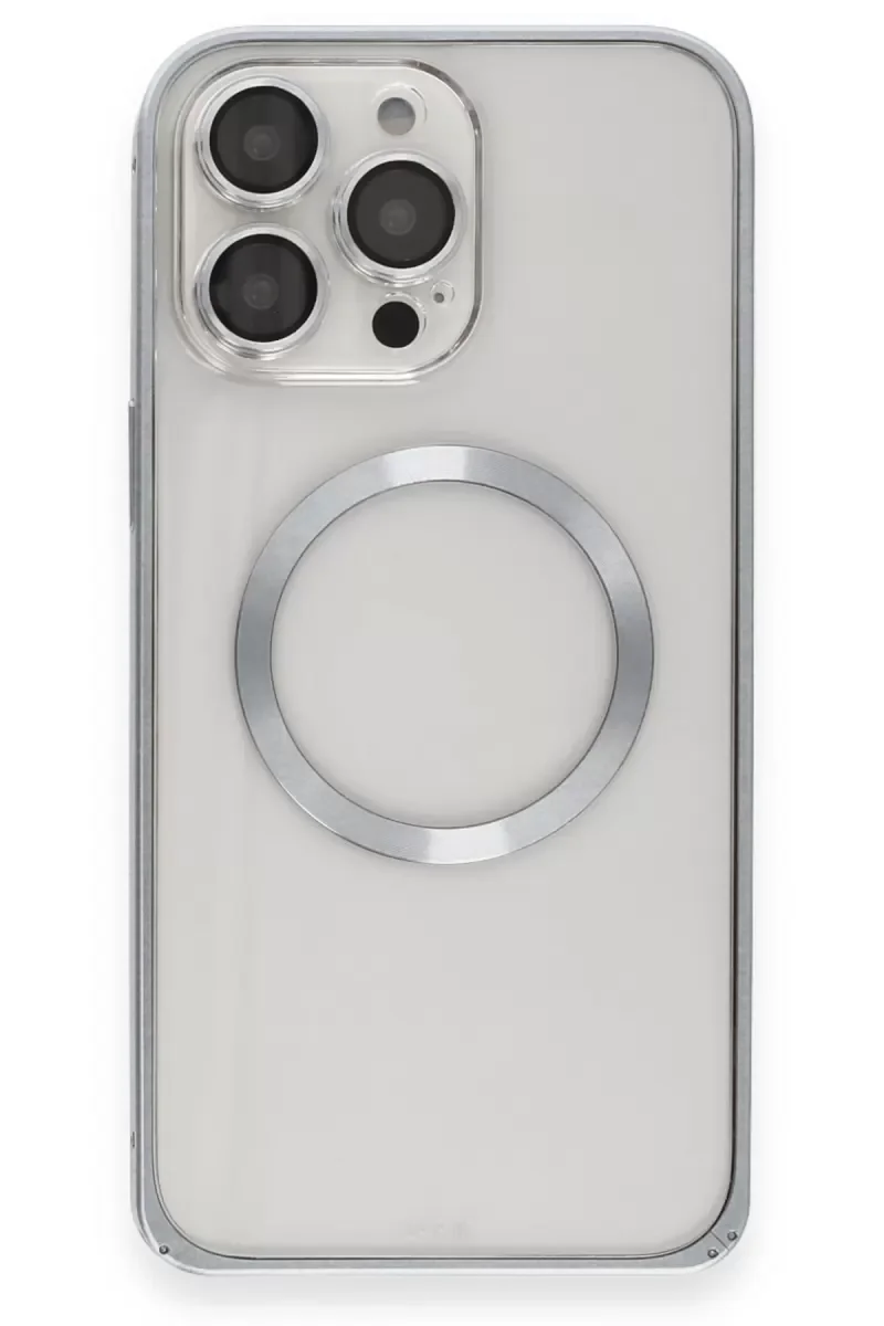 iPhone 15 Pro Max ile Uyumlu Metal Bumper Kılıf - Magsafe Destekli Kapak - Gri