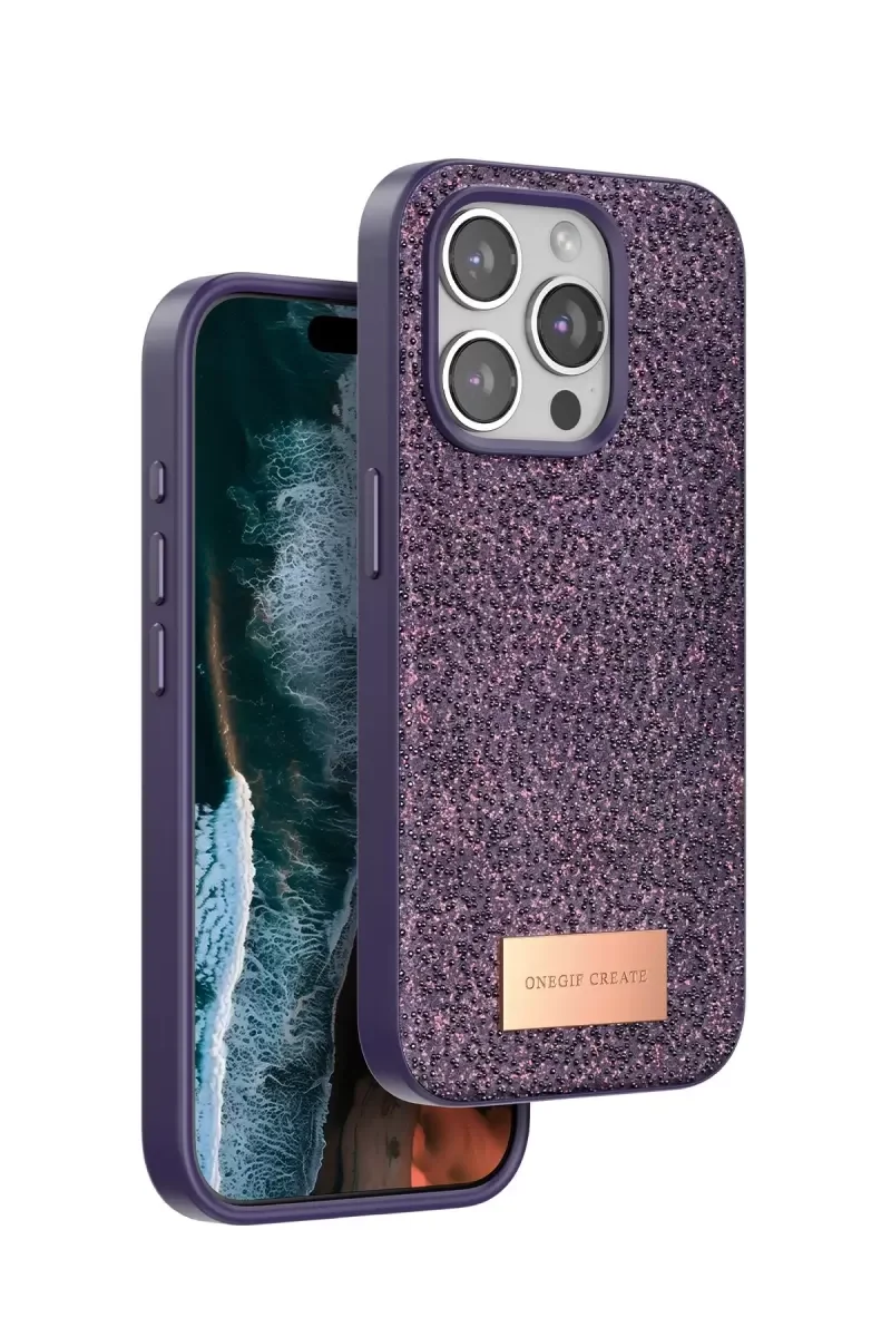 iPhone 15 Pro Max ile Uyumlu Bright Simli Kapak - Derin Mor Boncuk İşlemeli Şık Telefon Kılıfı
