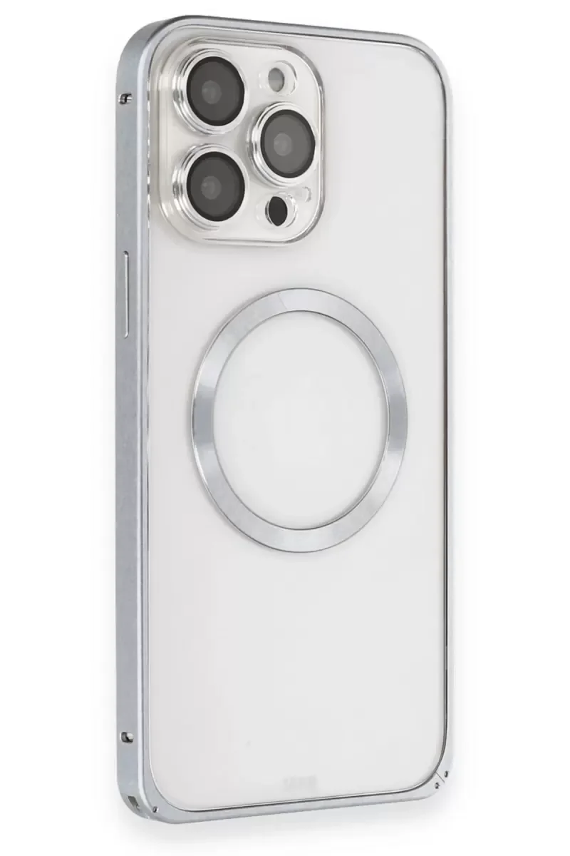 iPhone 15 Pro Max ile Uyumlu Metal Bumper Kılıf - Magsafe Destekli Kapak - Gri