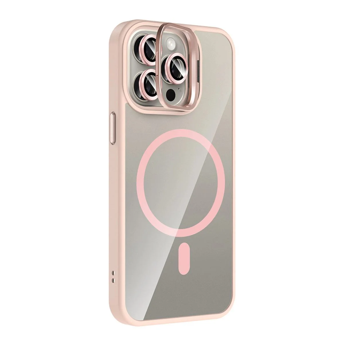 iPhone 15 Pro Max ile Uyumlu Remim Lensli MagSafe Standlı Kılıf - Pembe iPhone 15 Pro Max ile Uyumlu Remim Lensli MagSafe Standlı Kılıf - Pembe