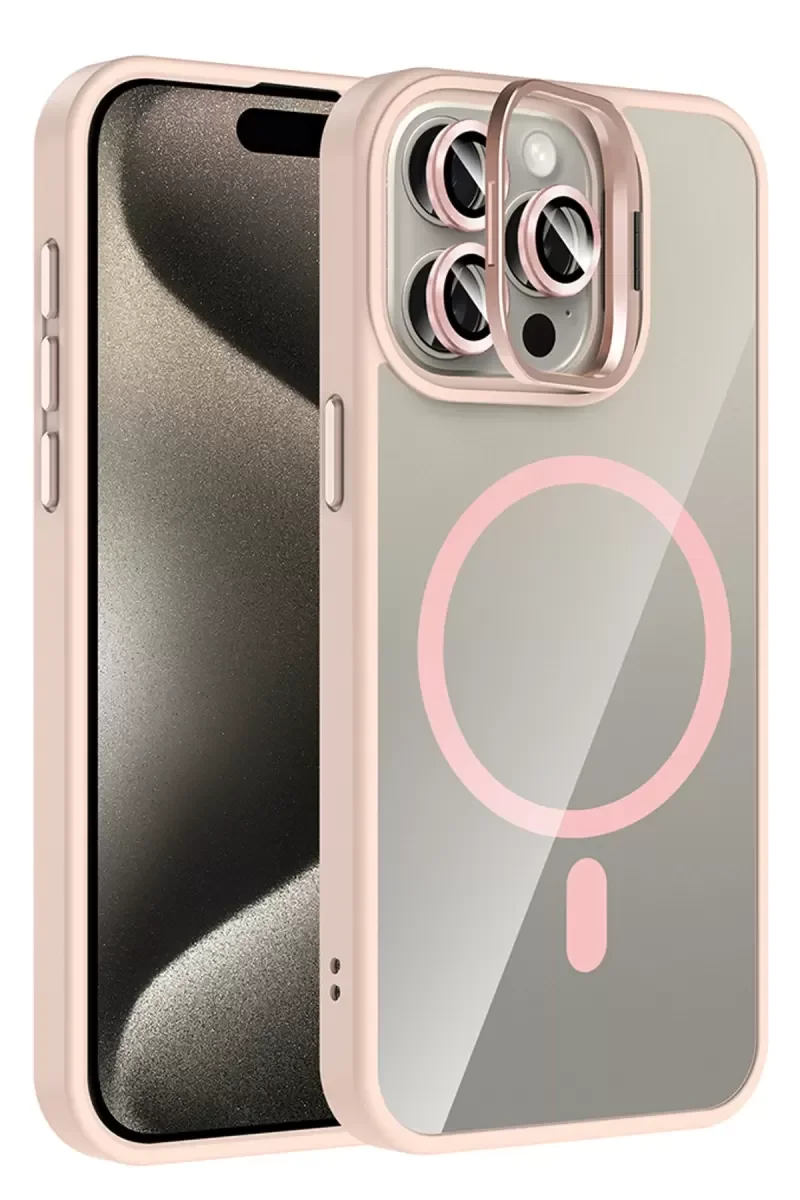 iPhone 15 Pro Max ile Uyumlu Remim Lensli Magsafe Standlı Kapak - Pembe