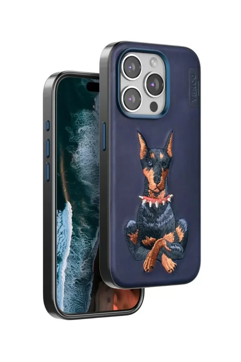iPhone 15 Pro Max ile Uyumlu Perma Desenli Kapak - Lacivert Deri Görünümlü Köpek Figürlü Şık Telefon Kılıfı