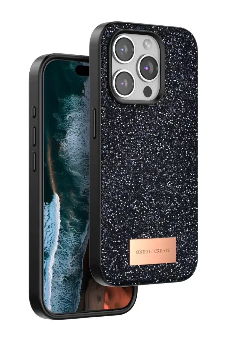 iPhone 15 Pro Max ile Uyumlu Bright Simli Kapak - Siyah Boncuk İşlemeli