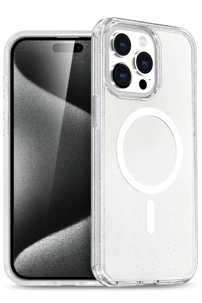 iPhone 15 Pro Max ile Uyumlu Star MagSafe Şeffaf Kapak - Parlak Simli Koruyucu Kılıf