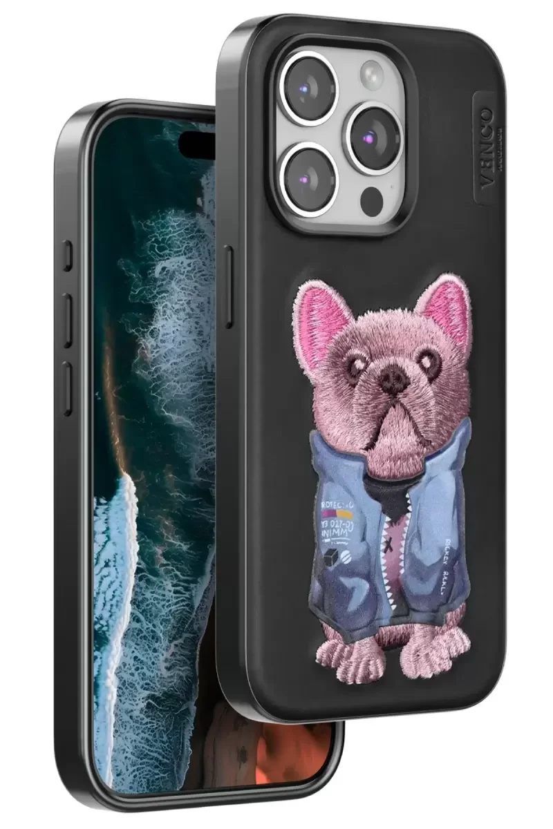 iPhone 15 Pro Max ile Uyumlu Sevimli Köpek Desenli Kılıf - Siyah Darbe Koruma