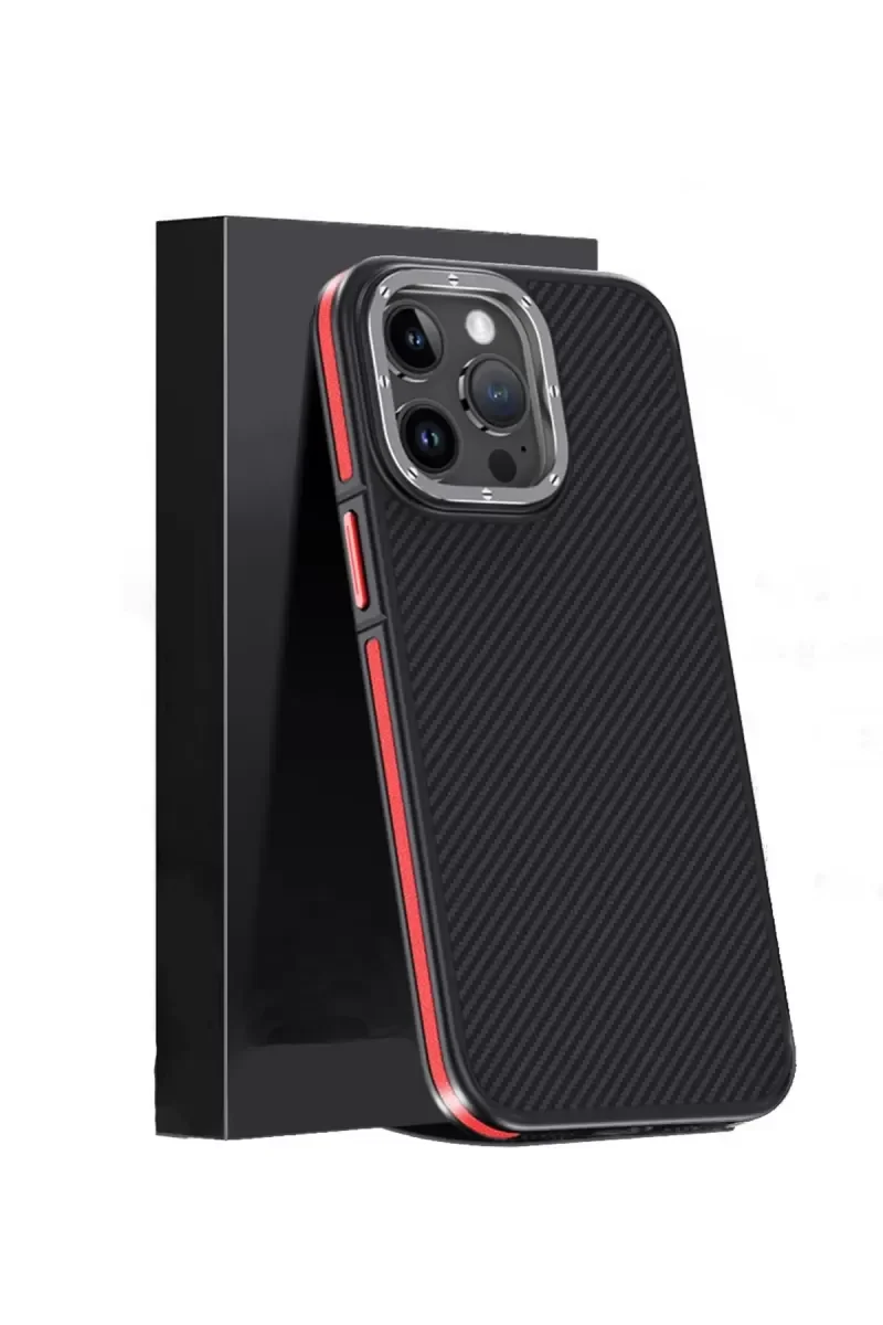 iPhone 15 Pro Max ile Uyumlu Aramid 600D Kevlar Karbon Fiber Magsafe Kılıf - Kırmızı