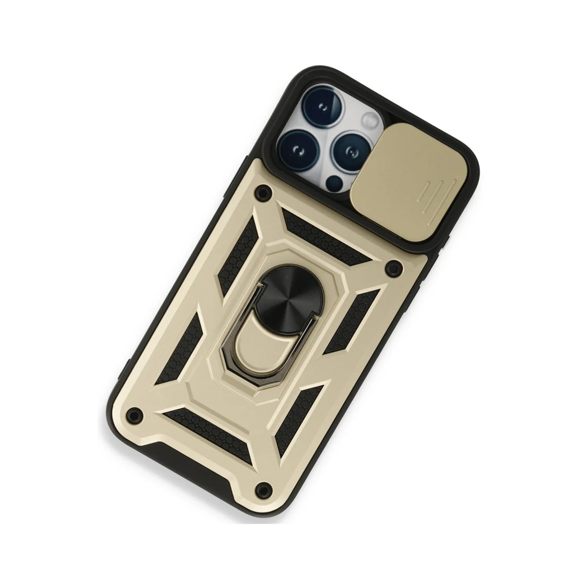 iPhone 15 Pro Max Kılıf - Silikon, Lens Kapağı ve Metal Standlı Gold Kılıf