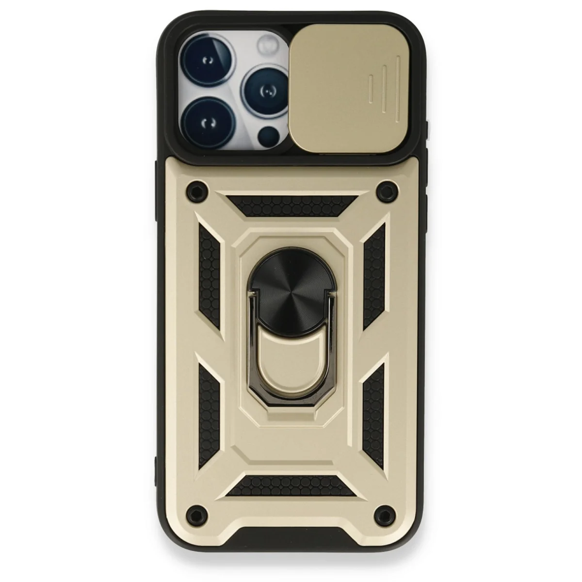 iPhone 15 Pro Max Kılıf - Silikon, Lens Kapağı ve Metal Standlı Gold Kılıf