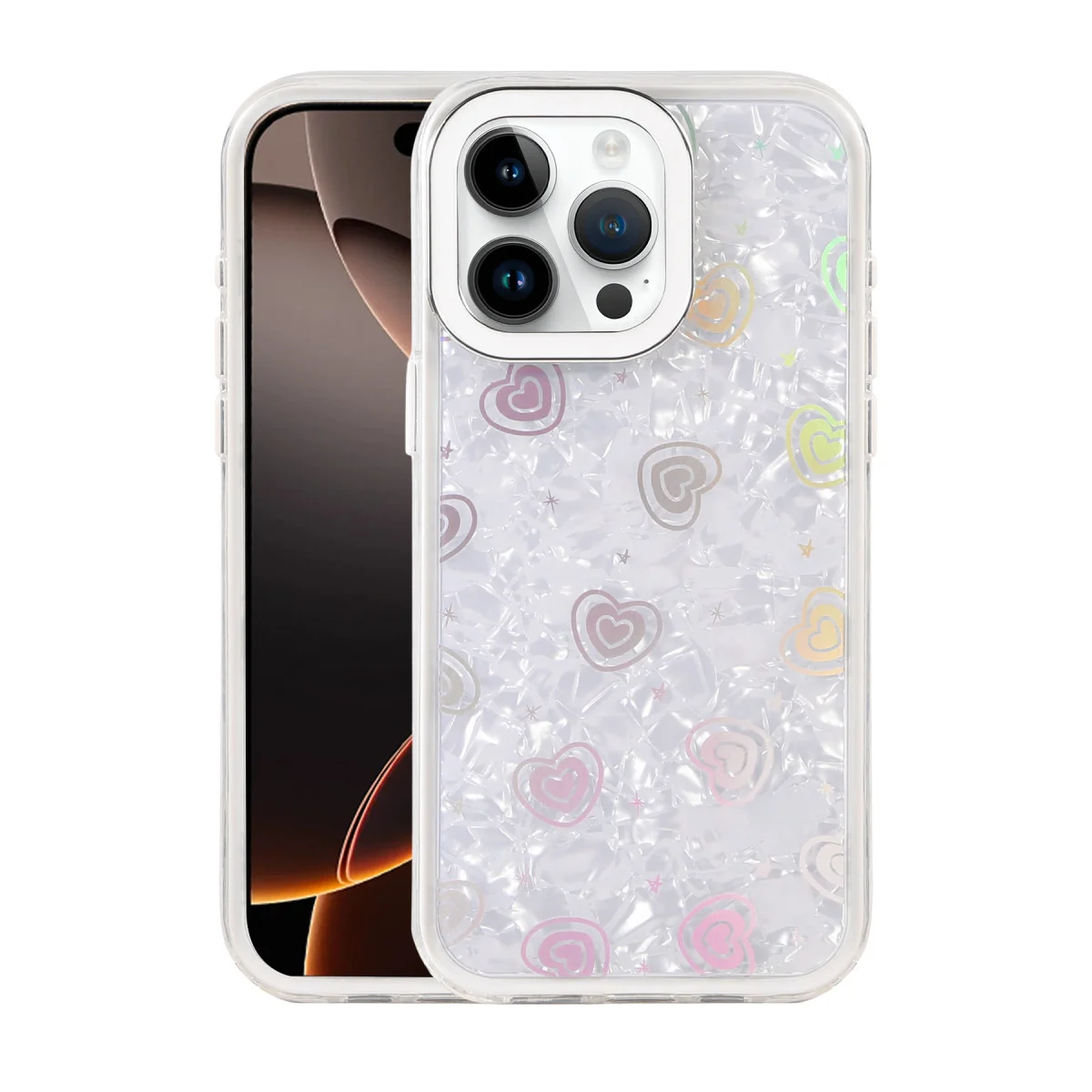 iPhone 15 Pro Max Lumi Desenli Kapak - Kristal Şeffaf ve Beyaz Tasarım