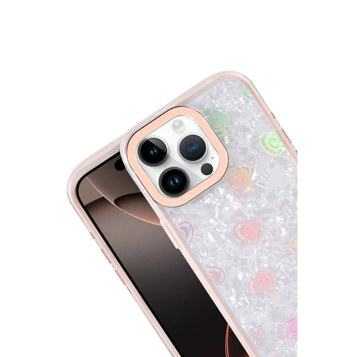 iPhone 15 Pro Max Lumi Desenli Kapak - Kristal Şeffaf Pembe Tasarım ve Güvenlik