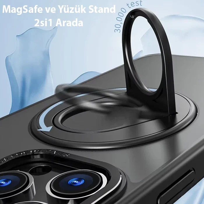 iPhone 15 Pro Max Magsafe Uyumlu Yüzük Standlı Manyetik Silikon Kılıf - Hızlı Kablosuz Şarj ve Çift Koruma