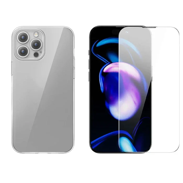 iPhone 15 Pro Schott Serisi Şeffaf Silikon Kılıf + Temperli Ekran Koruyucu - Tam Koruma ve Şeffaf Tasarım