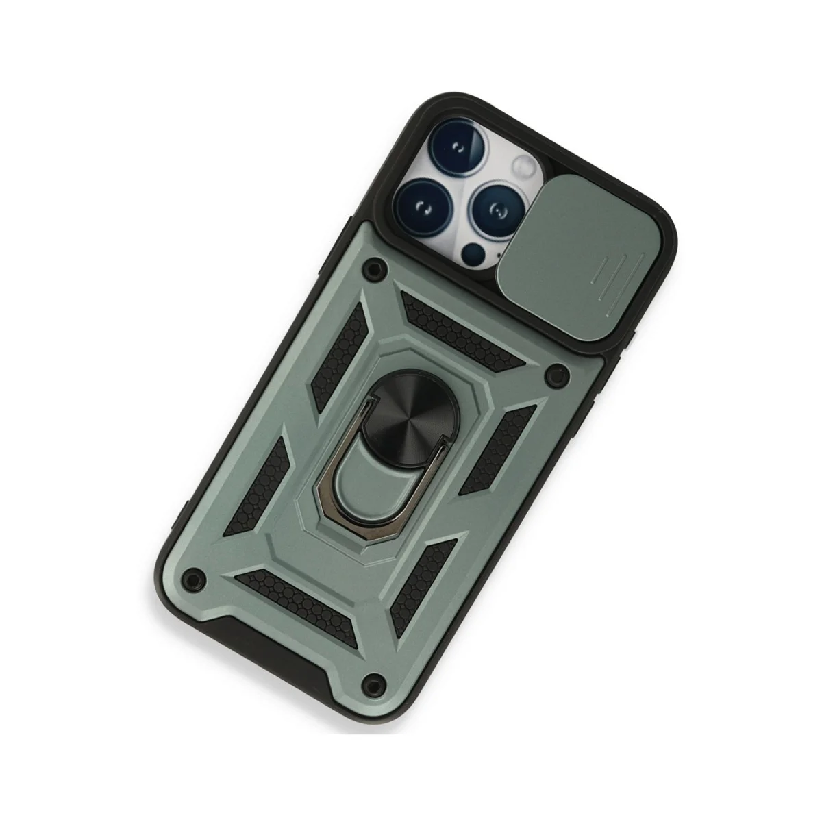 iPhone 15 Pro Silikon Kılıf - Yeşil, Lens Korumalı ve Metal Standlı
