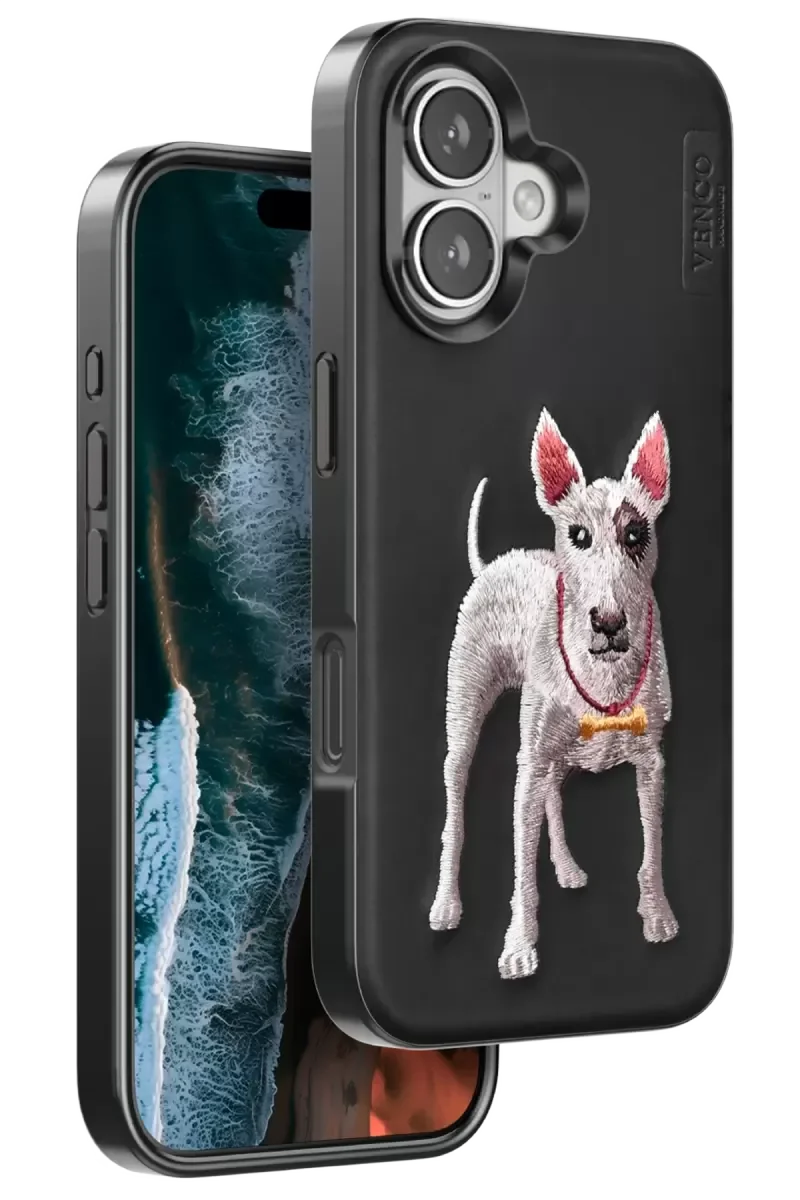 iPhone 16 ile Uyumlu Perma Desenli Kapak - Deri Görünümlü Köpek Figürlü Şık Telefon Kılıfı - Siyah