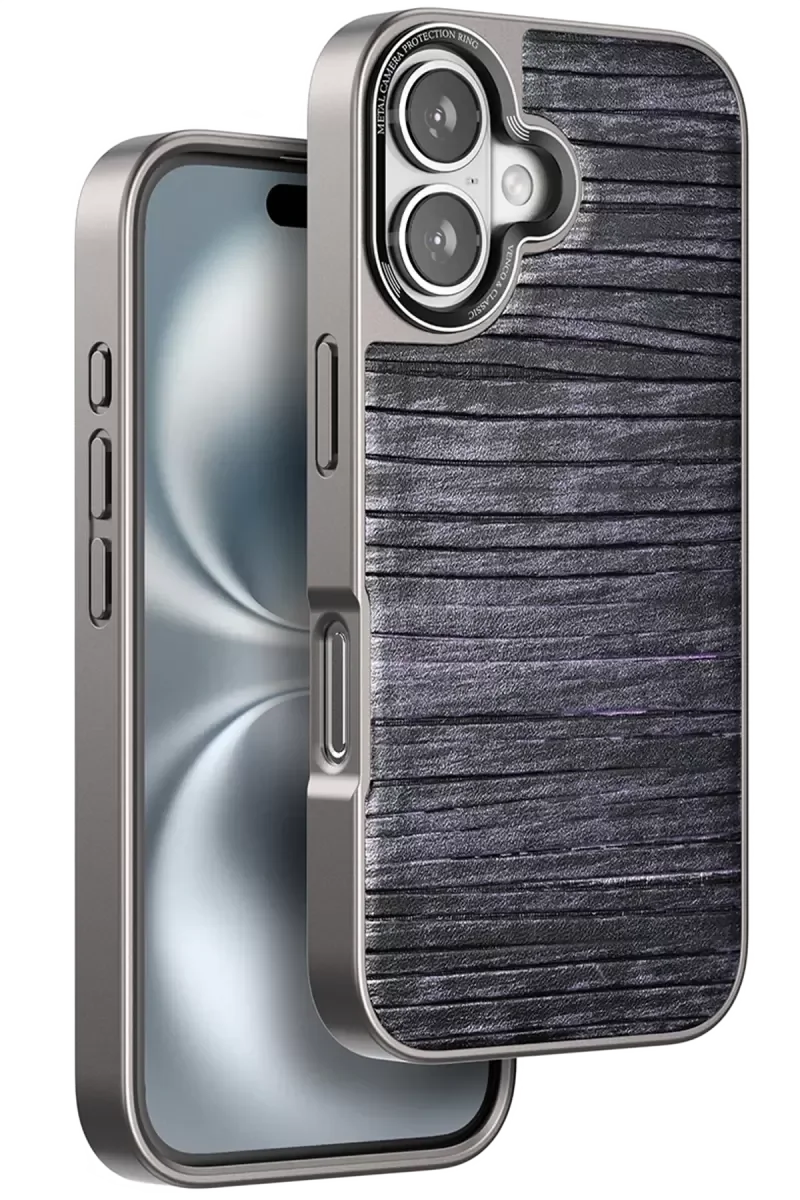 iPhone 16 ile Uyumlu Wave Kapak - Derin Mor, Sunî Deri & Metal Kamera Korumalı