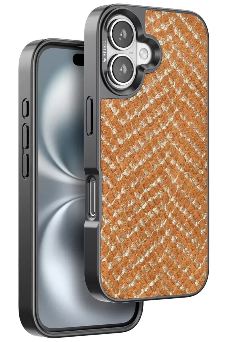 iPhone 16 ile Uyumlu Viper Kapak - Kahverengi Yılan Derisi Desenli Lüks Telefon Kılıfı