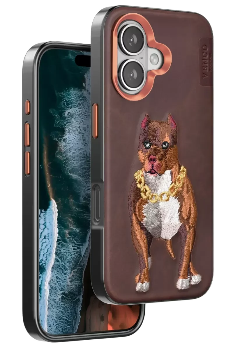 iPhone 16 ile Uyumlu Perma Desenli Kapak - Kahverengi Deri Görünümlü Köpek Figürlü Telefon Kılıfı