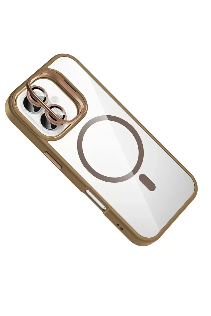 iPhone 16 ile Uyumlu Remim Lensli Magsafe Standlı Kapak - Kahverengi
