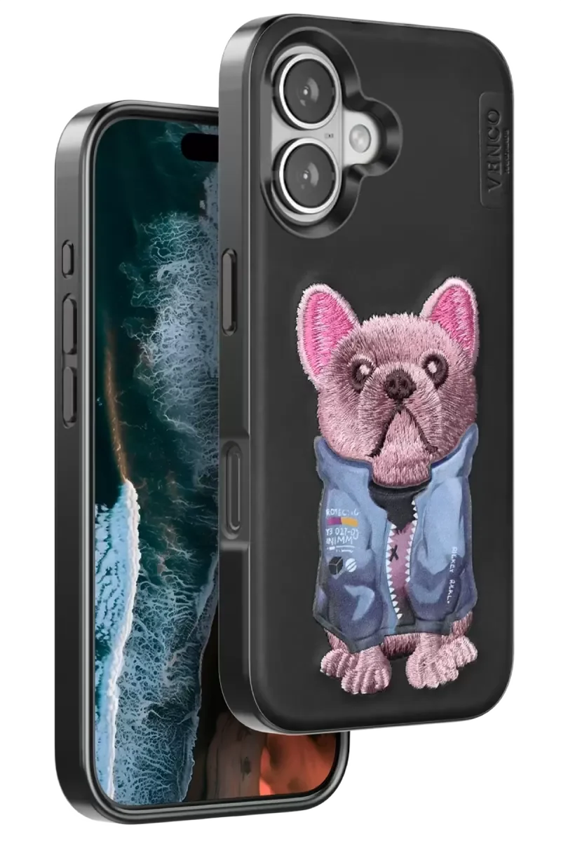 iPhone 16 ile Uyumlu Sevimli Köpek Desenli Kapak - Siyah Deri Telefon Kılıfı