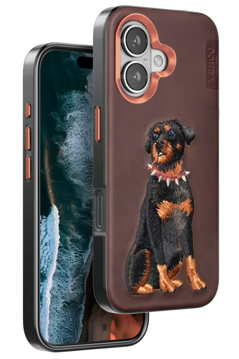 iPhone 16 ile Uyumlu Perma Desenli Kapak - Koyu Kahve Deri Görünümlü Köpek Figürlü Şık Telefon Kılıfı
