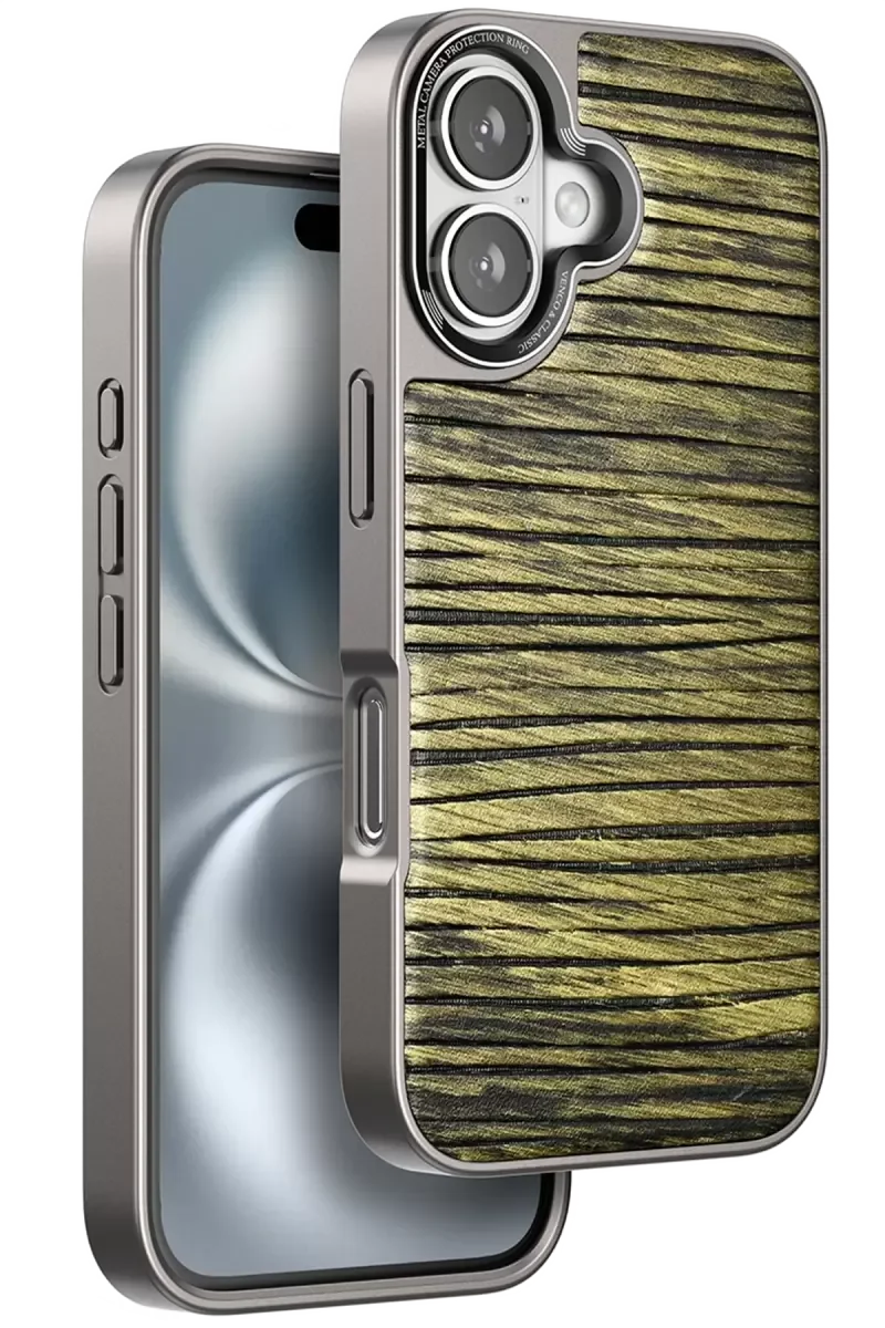 iPhone 16 ile Uyumlu Wave Kapak - Koyu Kahve Suni Deri Telefon Kılıfı