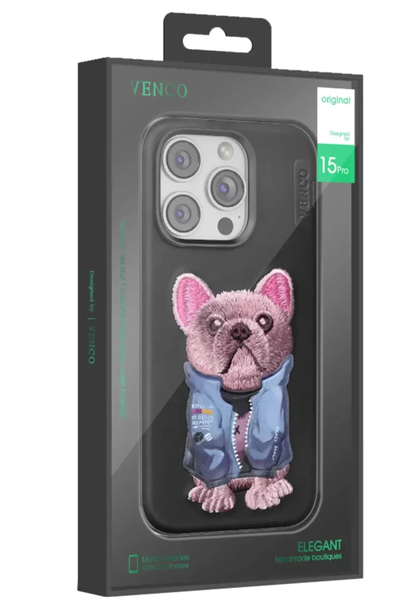 iPhone 16 ile Uyumlu Sevimli Köpek Desenli Kapak - Siyah Deri Telefon Kılıfı