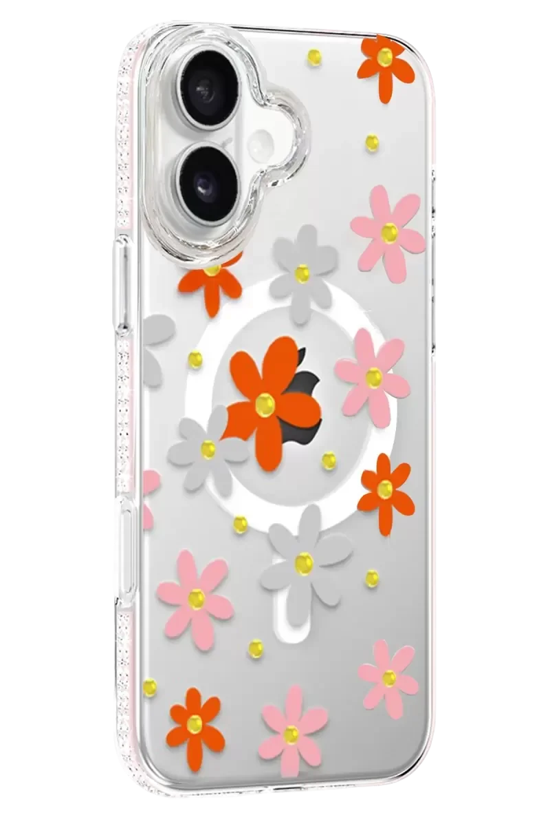 iPhone 16 ile Uyumlu Floral Magsafe Kapak - Turuncu Işıltılı Elmas Detaylı