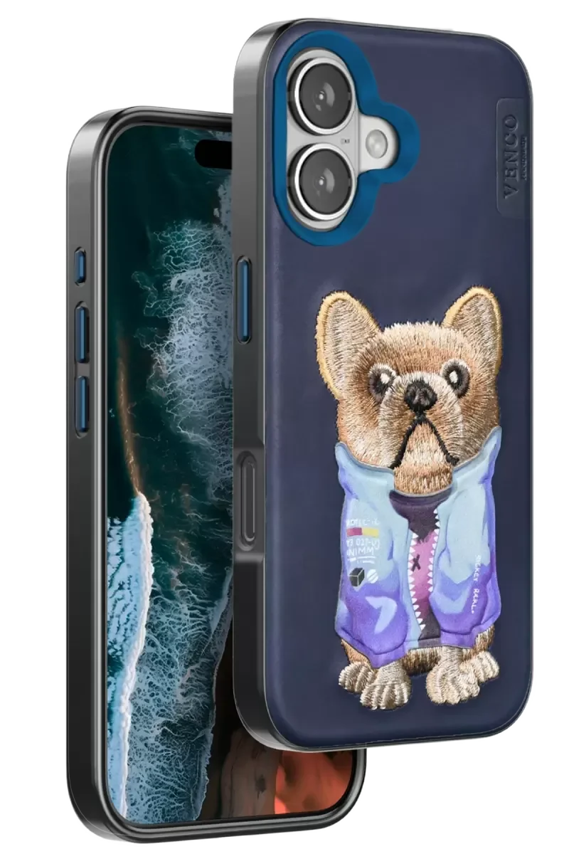 iPhone 16 ile Uyumlu Cute Desenli Kapak - Lacivert, Dikişli Köpek Figürlü Deri Telefon Kılıfı