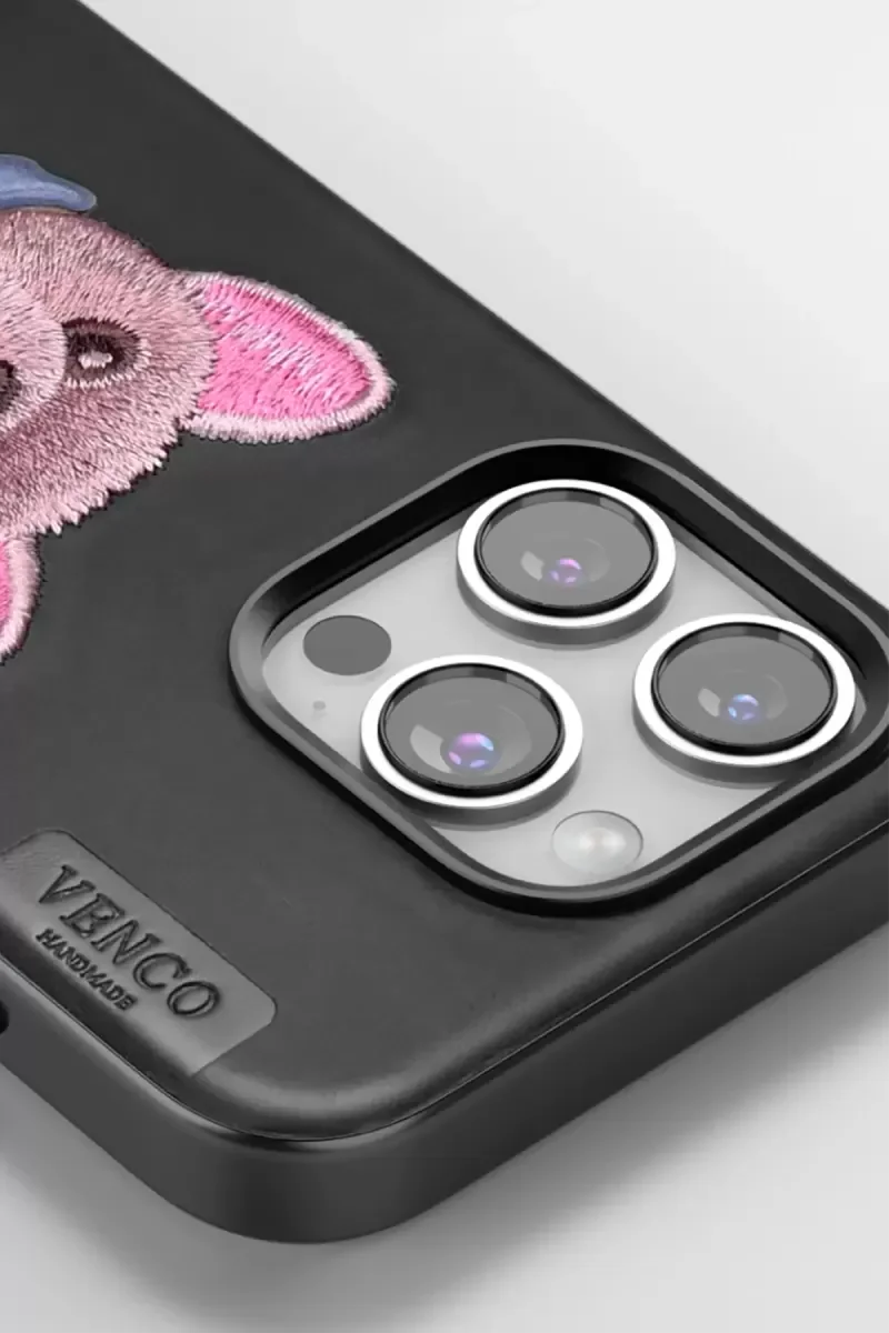 iPhone 16 ile Uyumlu Cute Desenli Kapak - Lacivert, Dikişli Köpek Figürlü Deri Telefon Kılıfı