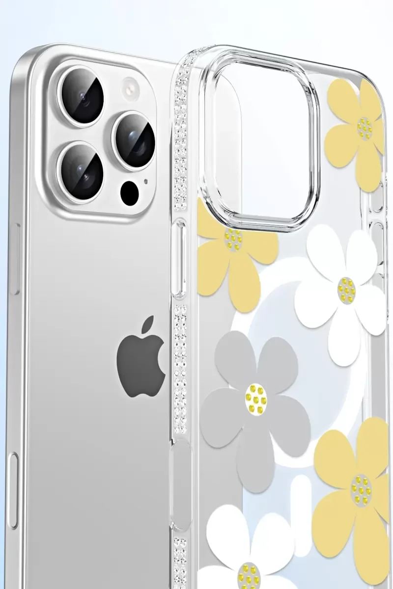iPhone 16 ile Uyumlu Floral Magsafe Kapak - Turuncu Işıltılı Elmas Detaylı