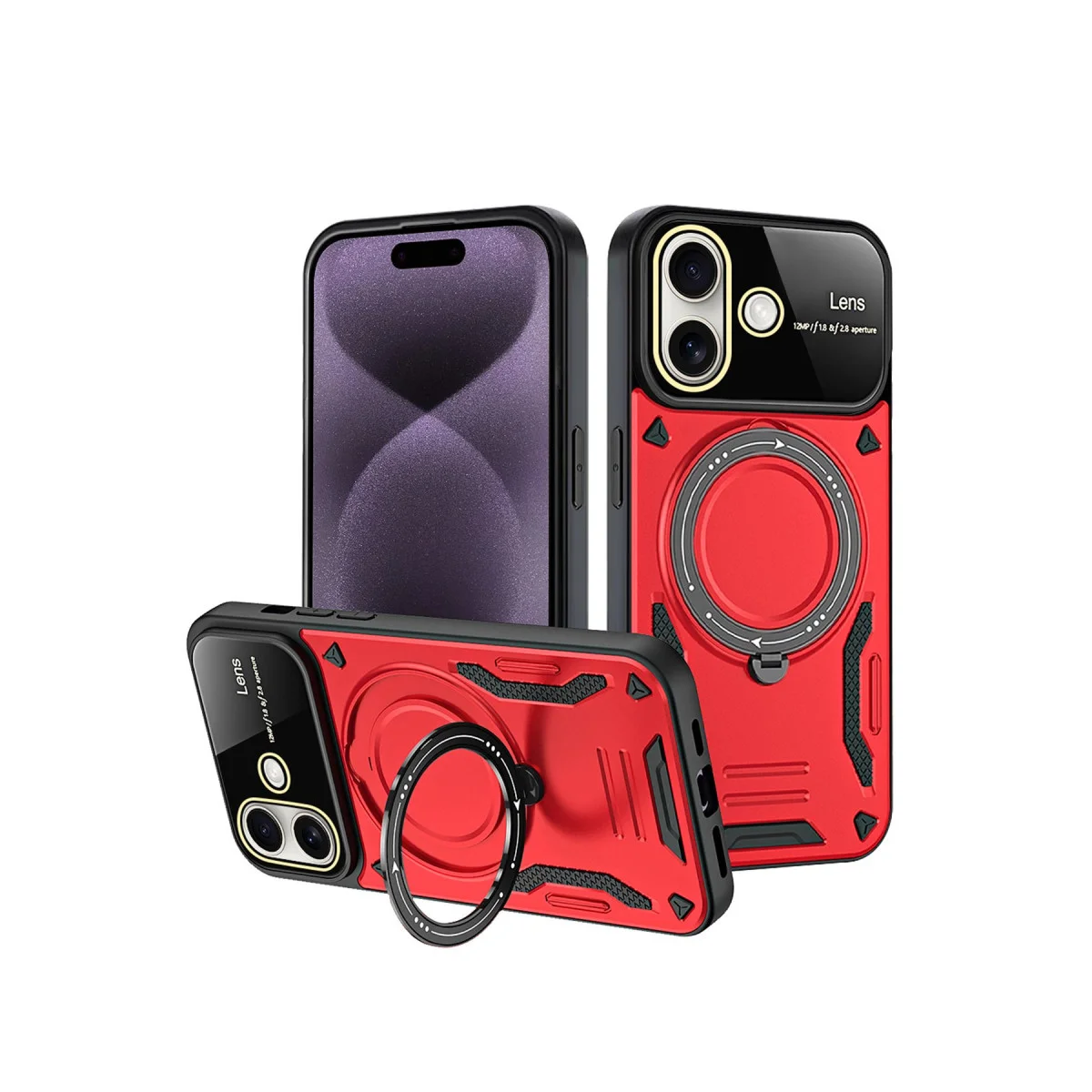 iPhone 16 Kılıf Kırmızı Joy Lens Standlı 360 Döner Parmak Halkası