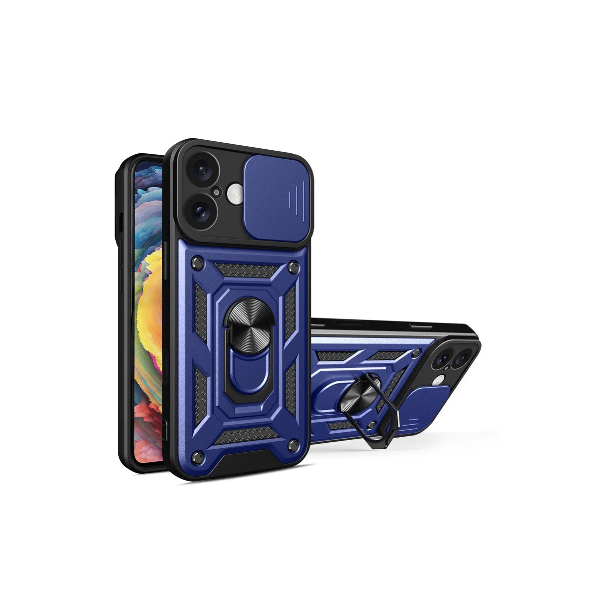 iPhone 16 Kılıf - Pars Lens Yüzüklü Silikon Kılıf, Standlı & Lens Kapağılı - Lacivert